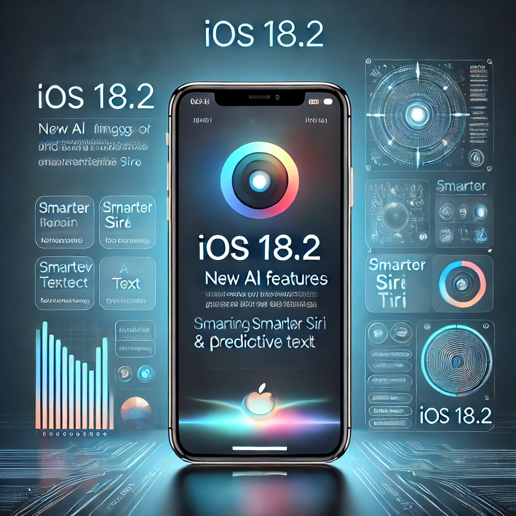 iPhone displaying iOS 18.2 interface with AI features like smarter Siri and predictive text, set against a sleek, modern background.