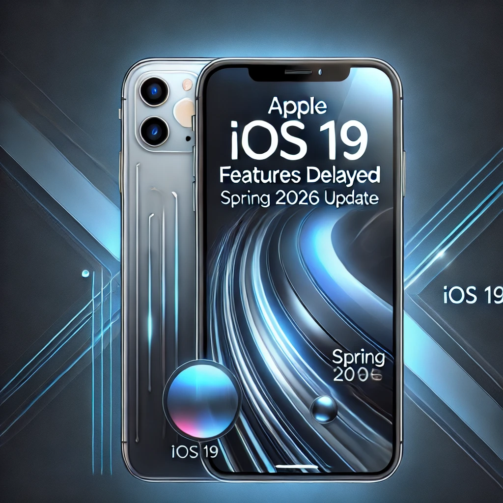 Futuristic Apple iPhone design with iOS 19 features highlighted, featuring a gradient blue and silver background, bold text 'Apple iOS 19 Features Delayed' and 'Spring 2026 Update