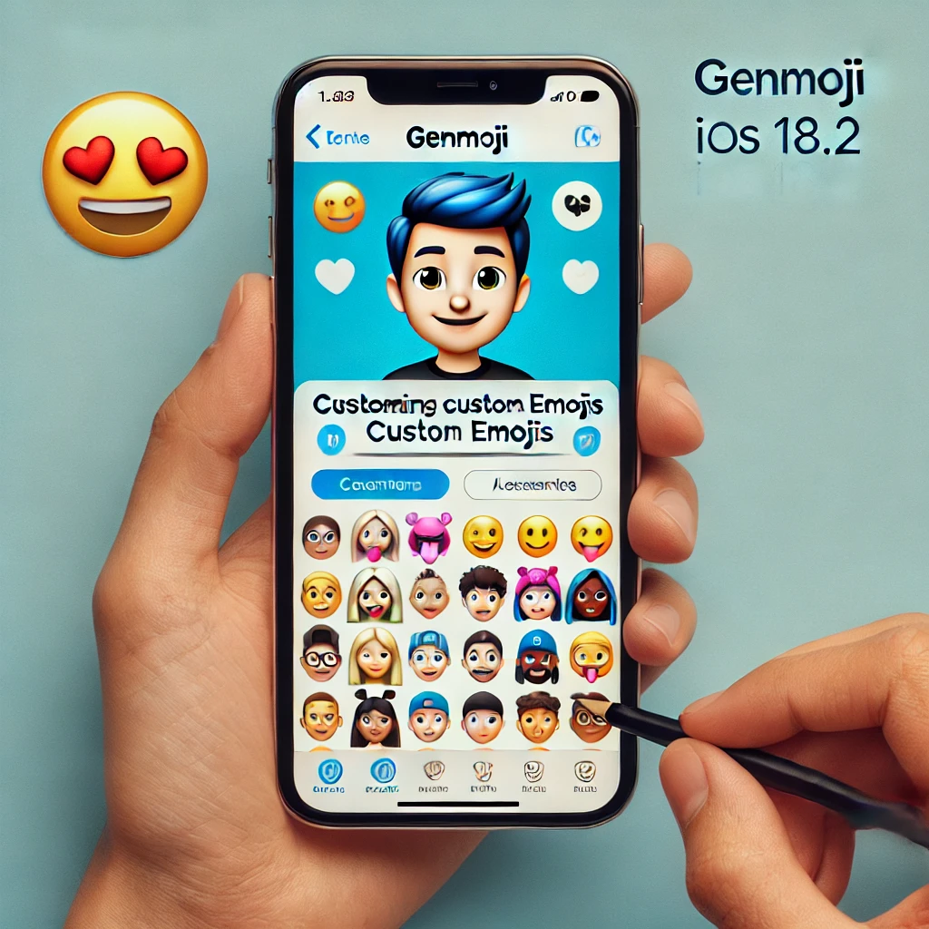 iPhone screen displaying the Genmoji feature in iOS 18.2, where a user is creating a personalized emoji with facial expressions and accessories.