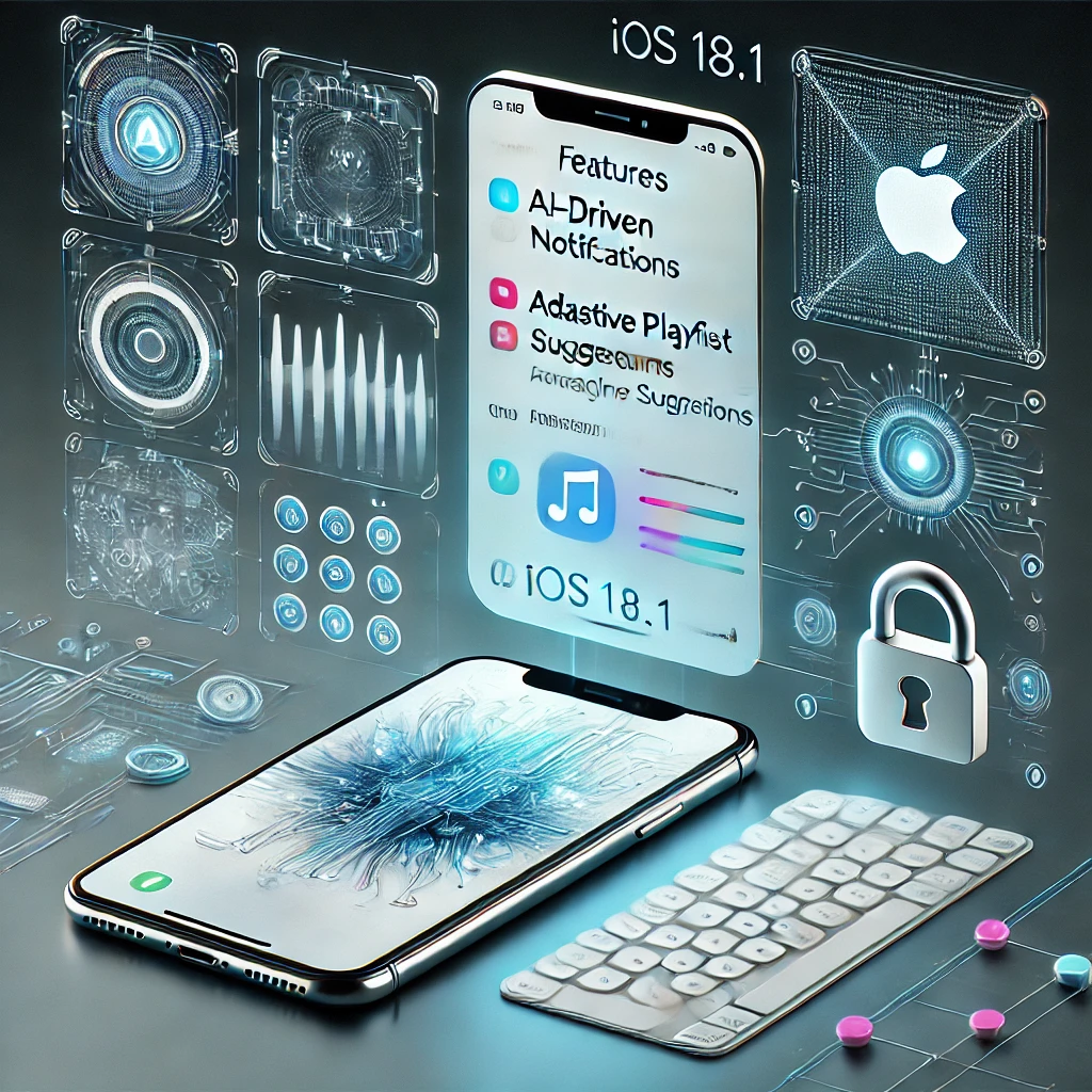 A sleek iPhone displaying iOS 18.1 features, including AI-driven notifications, adaptive playlists, and intelligent keyboard suggestions, with futuristic digital patterns and privacy icons in the background.