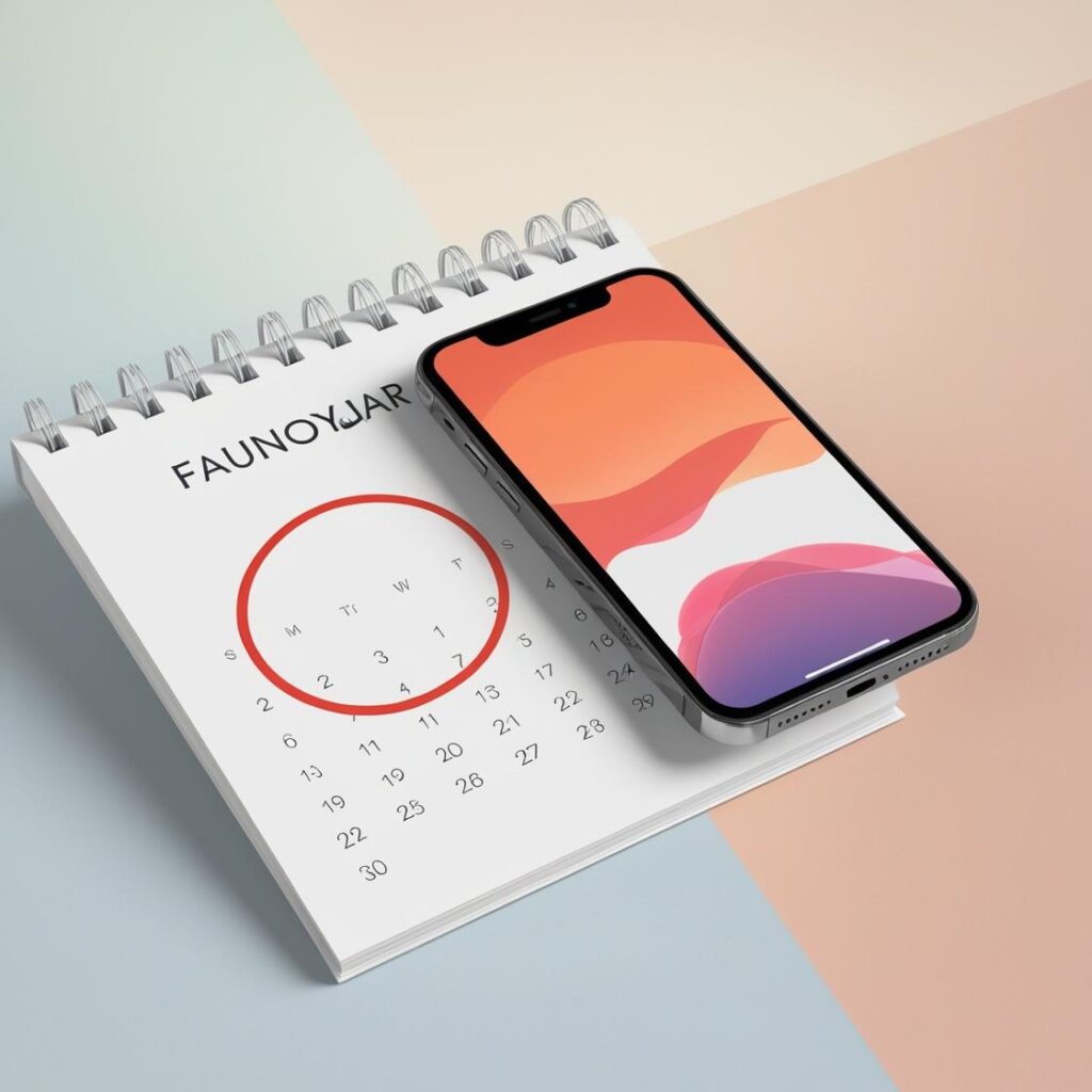 A calendar with the rumored release date for iOS 18.2 circled in red, next to an iPhone.