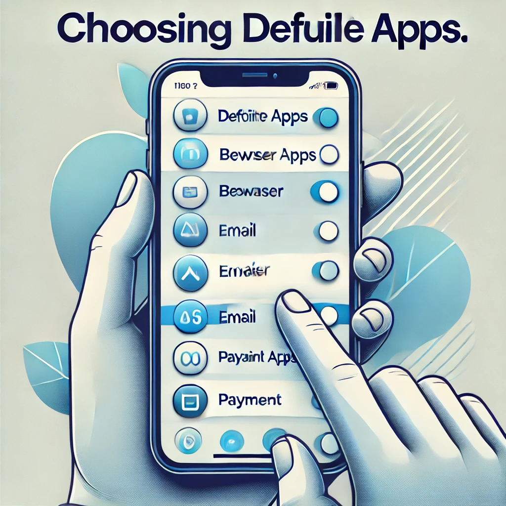 An iPhone screen displaying Default Apps settings with options like browser, email, and payment apps highlighted, emphasizing customization.