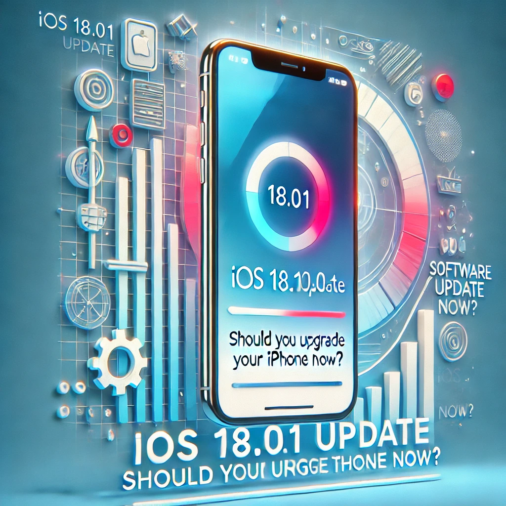 Thumbnail for the blog 'iOS 18.0.1 Update: Should You Upgrade Your iPhone Now?' featuring a modern iPhone showing the Software Update screen with a progress bar, set against a blue-to-white gradient background with bold text overlay.