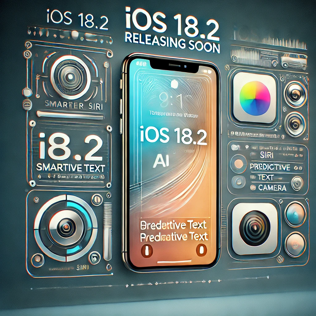 iOS 18.2 release blog thumbnail showcasing new AI features like smarter Siri and enhanced camera interface on iPhone with a sleek, futuristic design.