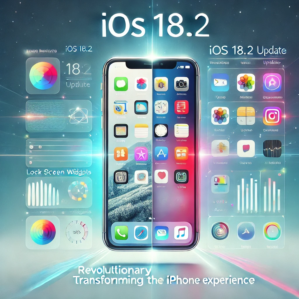 Thumbnail for a blog post titled 'iOS 18.2: Revolutionary Features Transforming the iPhone Experience,' featuring an iPhone with iOS 18.2 interface, vibrant icons, dynamic widgets, and a tech-themed gradient background.