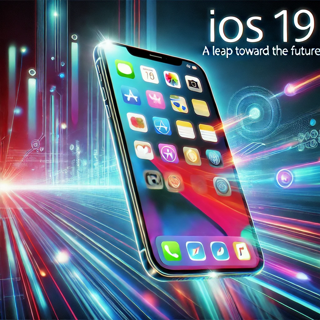 Futuristic iPhone with dynamic iOS 19 interface, glowing app icons, and a digital holographic background with light trails, showcasing technological advancement.