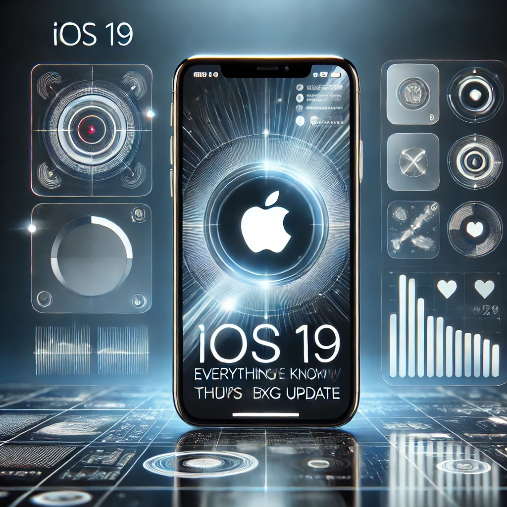 A futuristic iPhone interface representing iOS 19, with augmented reality widgets and glowing Apple logo in a sleek, digital-themed background of blue and silver patterns.