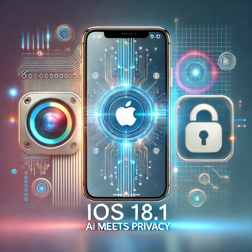 iPhone displaying AI features surrounded by glowing futuristic patterns, highlighting AI advancements and privacy in iOS 18.1.