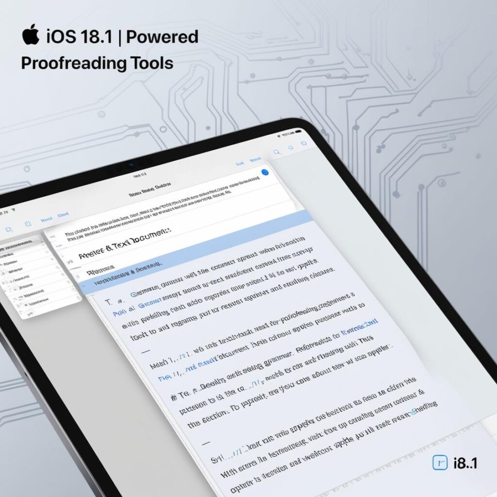 iOS 18.1 features showcasing Apple’s AI-powered tools for proofreading, rewriting, and editing text on an iPhone screen