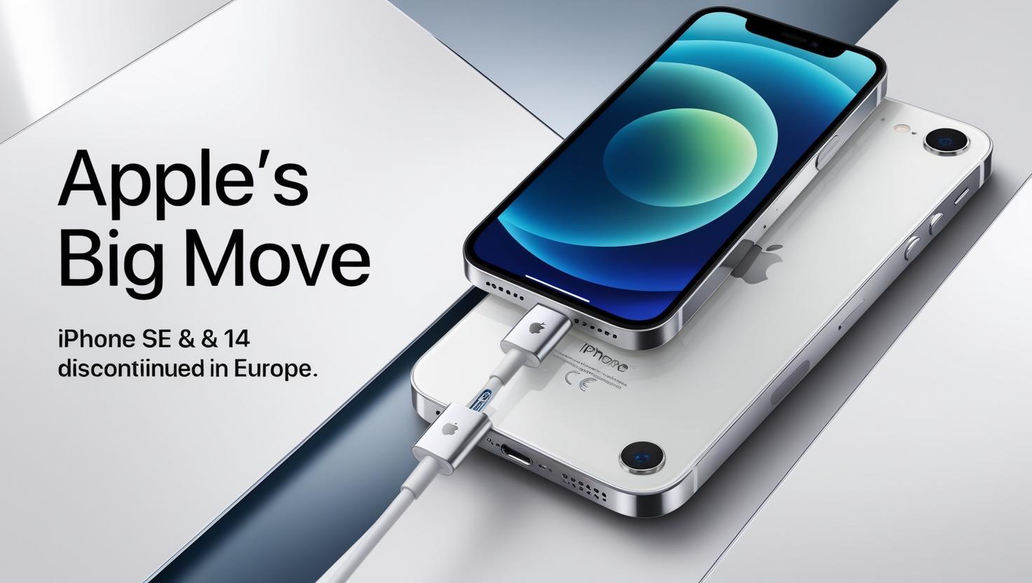 Thumbnail showing the Apple logo, iPhone SE and iPhone 14 with USB-C connector, representing the discontinuation of these models in Europe.