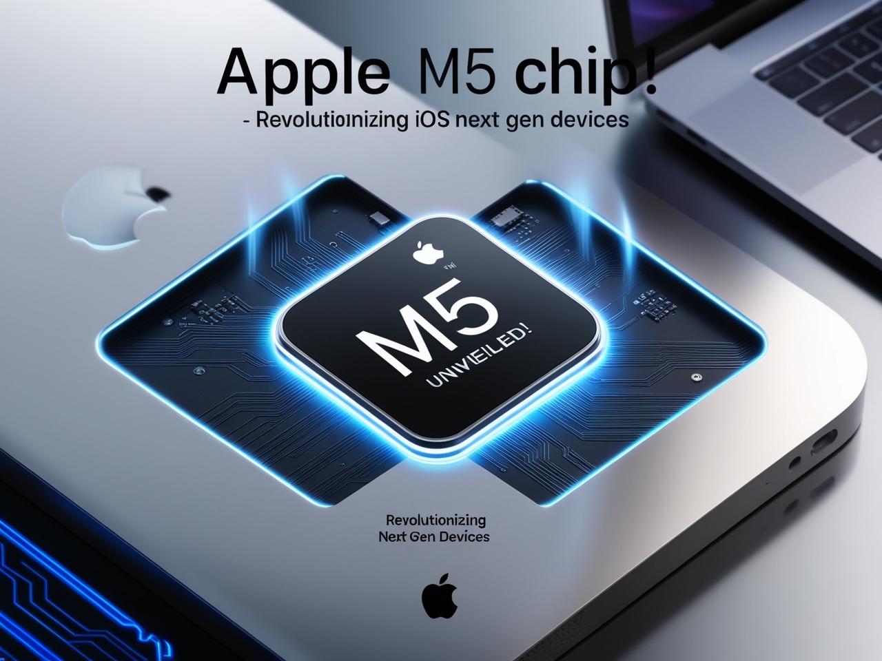 Futuristic Apple M5 Chip with glowing edges, showcasing innovation for iOS Next Gen devices, featuring next-gen iPhone and MacBook.