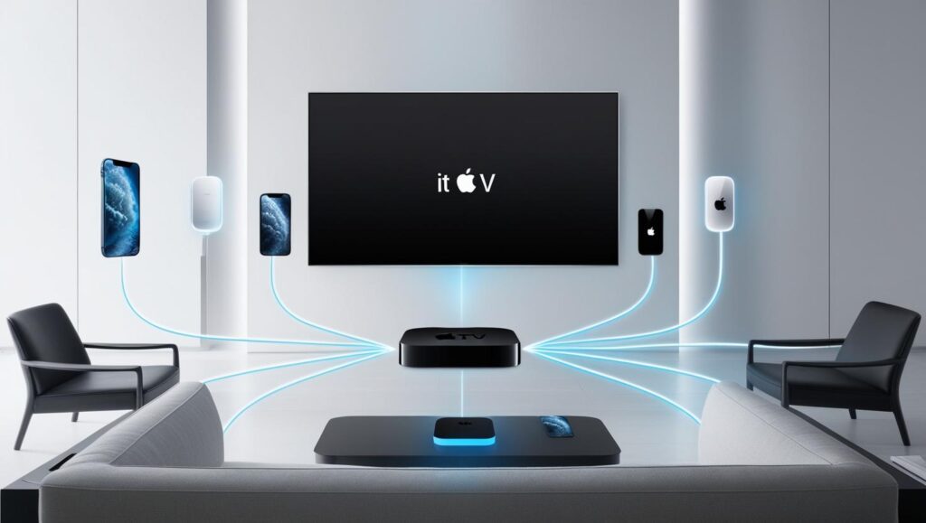 Modern living room with Apple TV 2025 connected to a 4K screen, NextGen iPhone, and smart home devices.