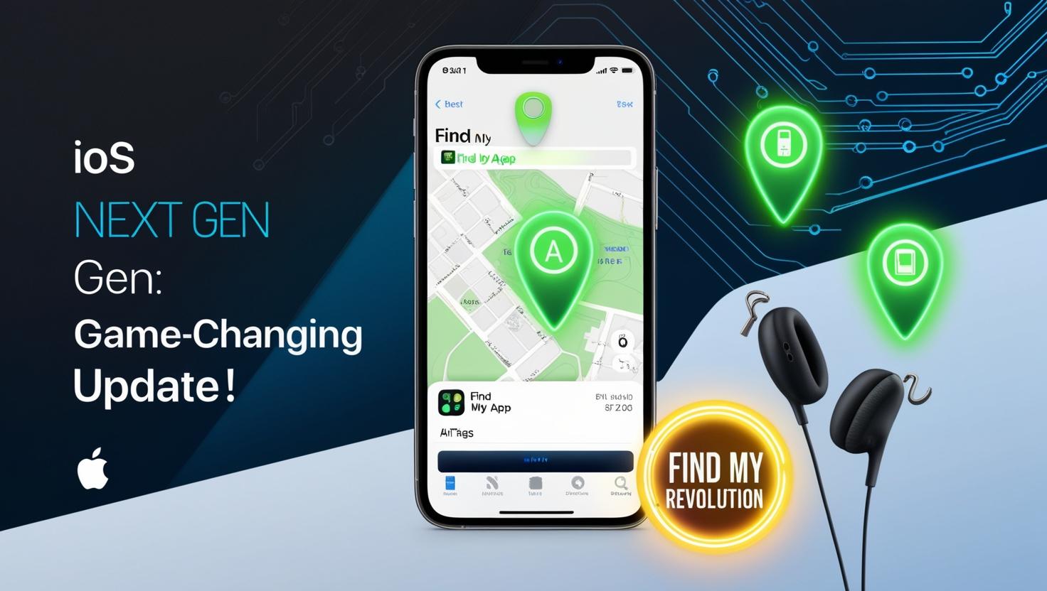 Apple iOS 18.2 update showcasing the enhanced Find My feature with a glowing iPhone screen surrounded by icons of lost items like AirTag, keys, and headphones.