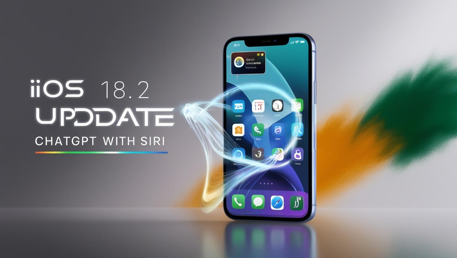 iPhone displaying iOS 18.2 update with ChatGPT-powered Siri, set against a tech-inspired India-themed background.