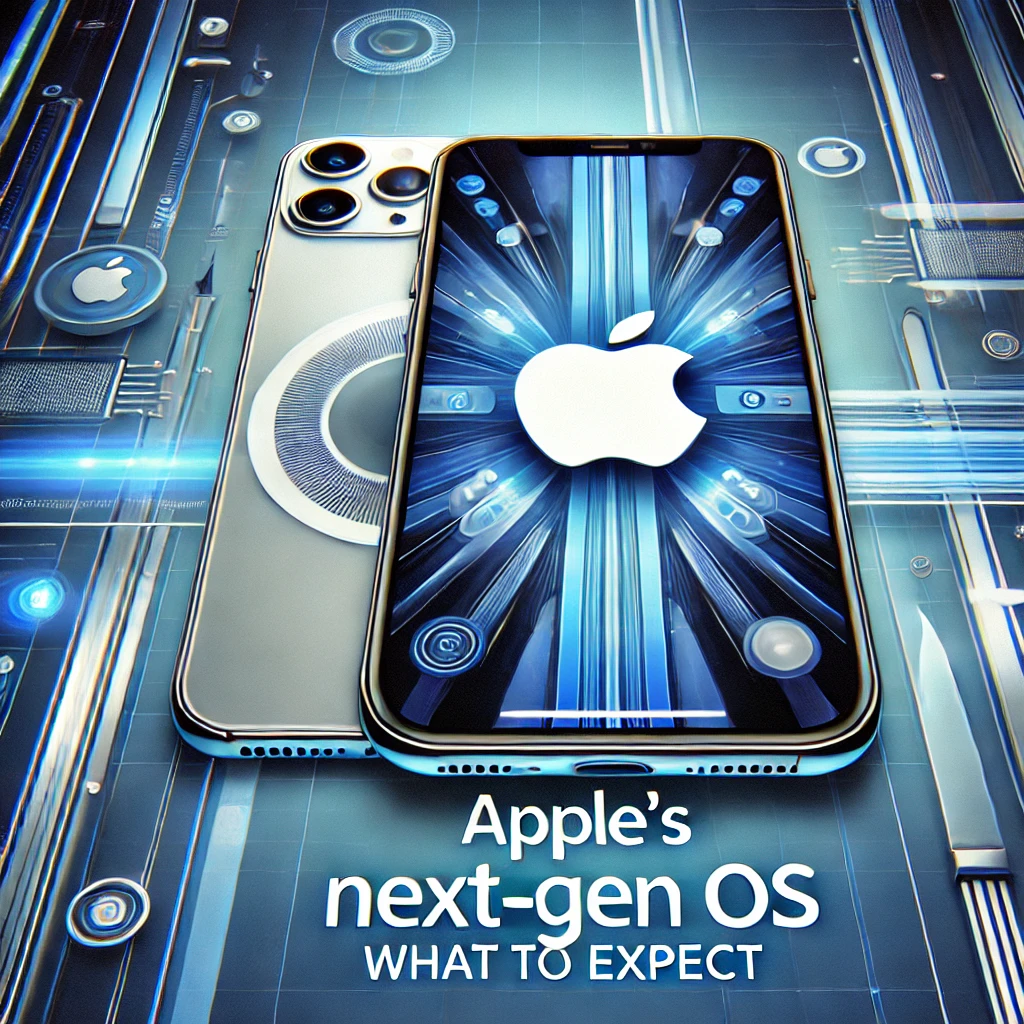 Futuristic design featuring Apple logo and iPhone silhouette with the text 'Apple’s Next-Gen OS: What to Expect' for a blog about Apple's next-generation operating system.