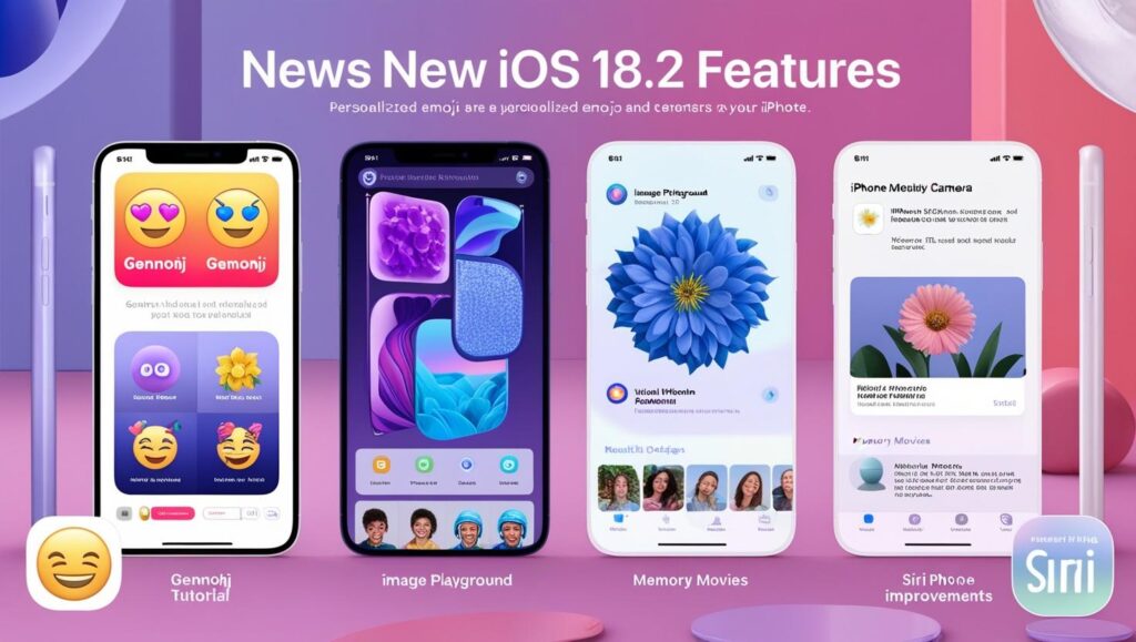 An overview of iOS 18.2 new features including Genmoji tutorial, Image Playground, Visual Intelligence, Memory Movies, and Siri improvements for enhanced user experience.