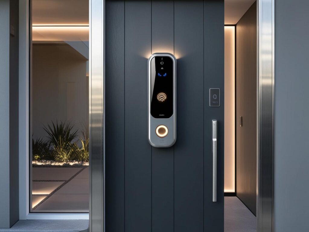 A modern smart doorbell with Face ID technology installed on a stylish home entryway, showcasing advanced security features.