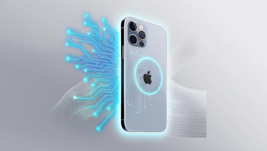 Futuristic glowing neural network AI concept with sleek iPhone silhouette and modern holographic design representing iOS 18.2 features