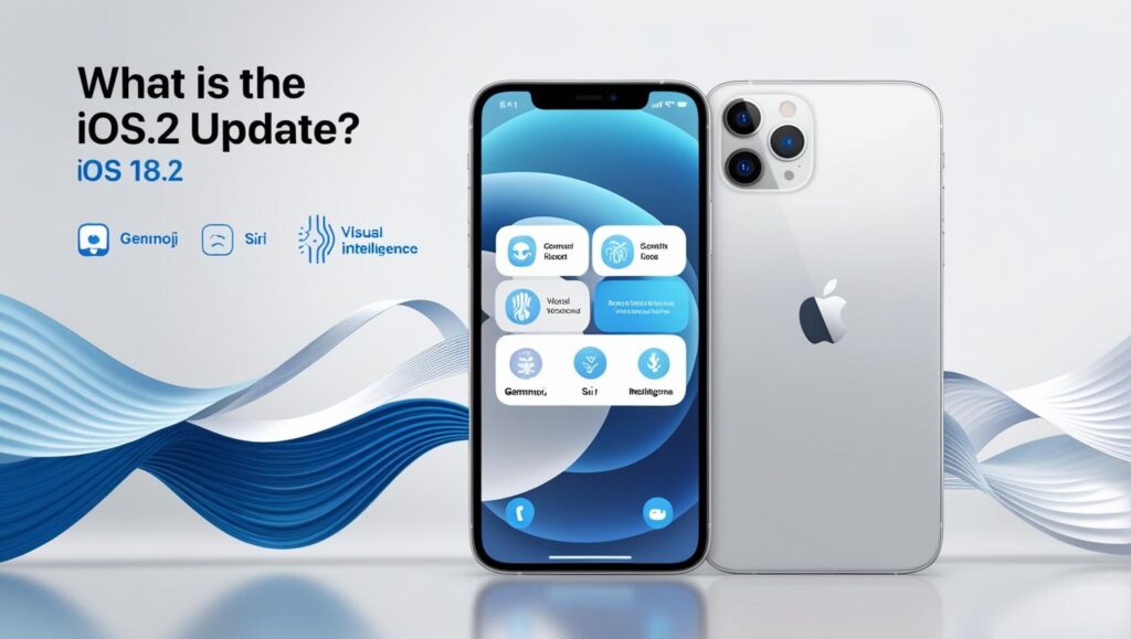 iPhone showcasing iOS 18.2 UI with features like Genmoji, Siri integration with ChatGPT, and Visual Intelligence.