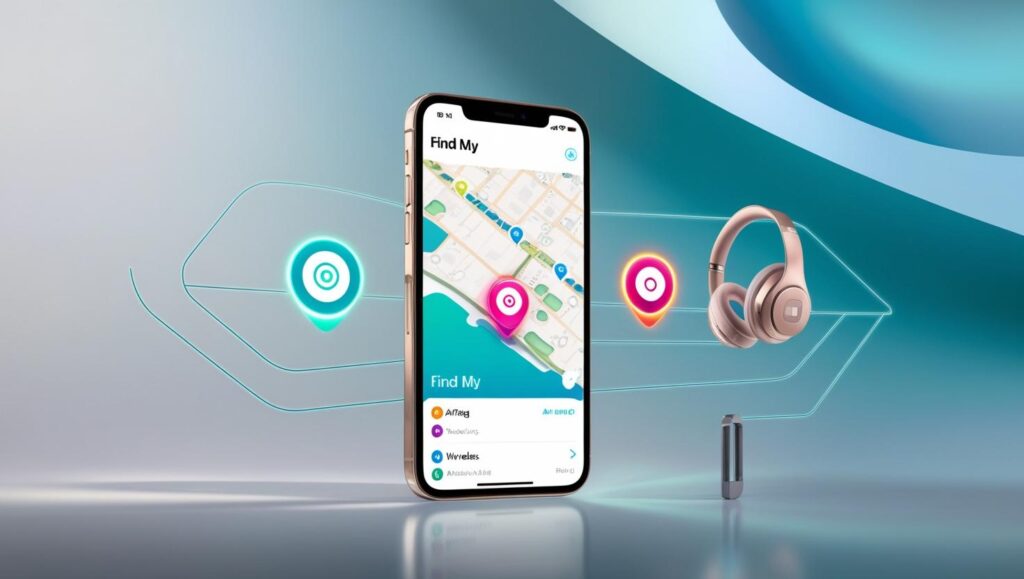 iPhone displaying the iOS 18.2 'Find My' app with AI-powered tracking for AirTag, keys, and headphones, enhanced by a futuristic gradient background.