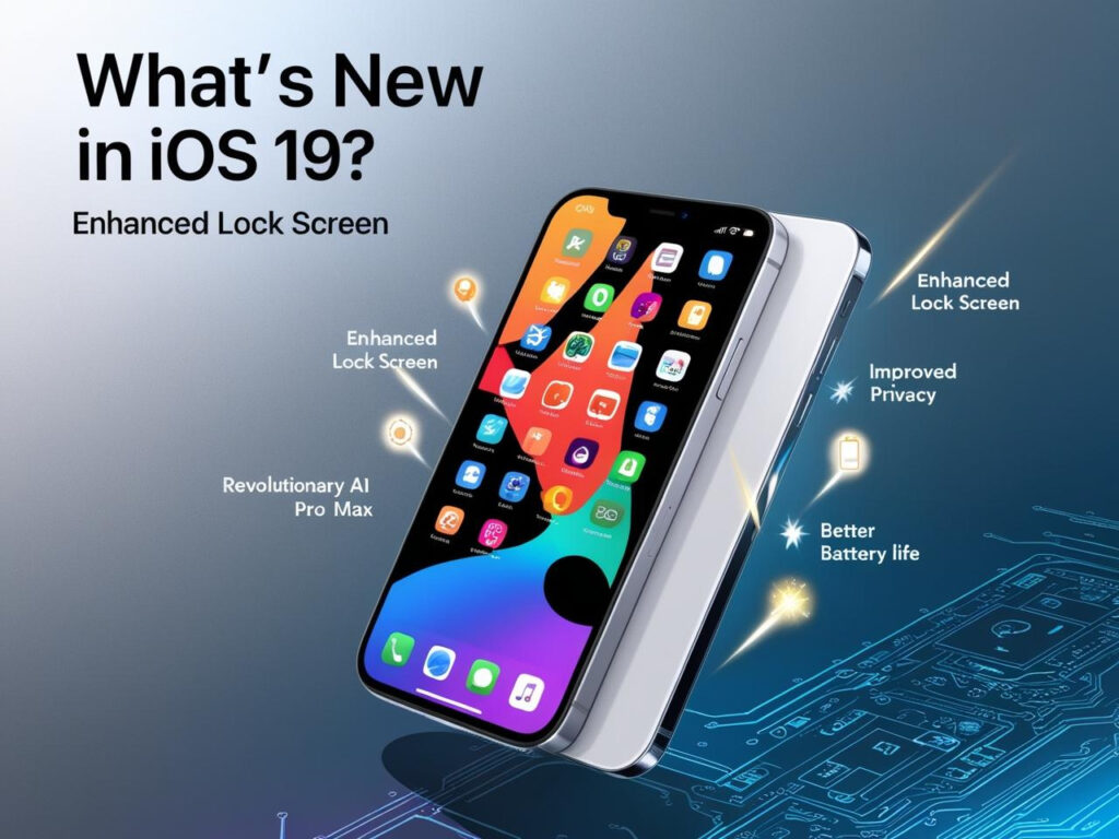 Image showcasing new iOS 19 features including enhanced lock screen customizations, smarter Siri, improved privacy settings, and game-changing battery management.