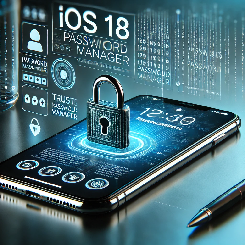 Smartphone with lock symbol representing iOS 18 Password Manager, showcasing digital security features and privacy icons.