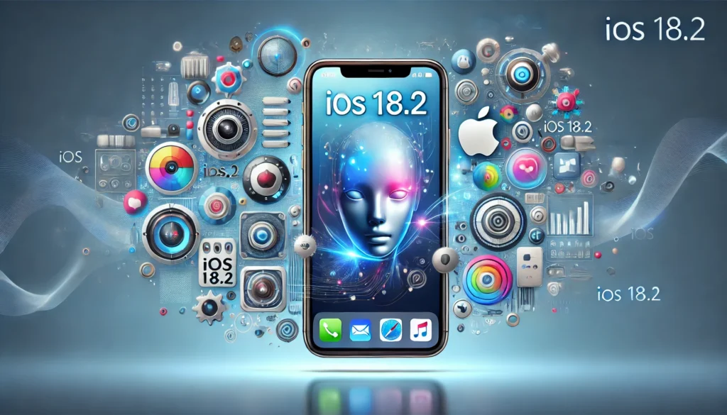 iOS 18.2 header image showcasing a sleek iPhone with AI-powered icons and futuristic design elements, highlighting Apple’s NextGen iPhone features