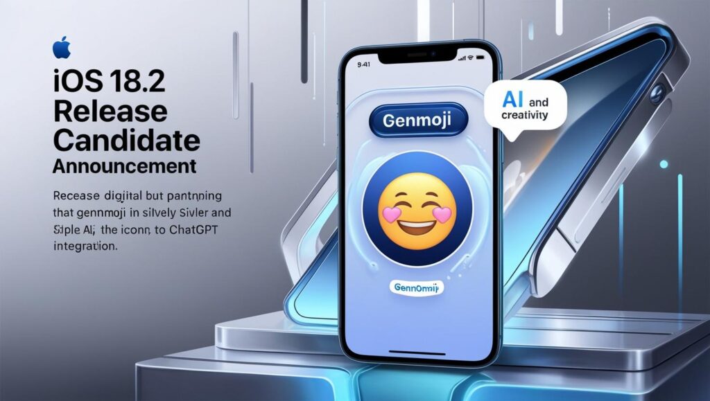 Preview of iOS 18.2 release candidate with Genmoji, AI integration, and a futuristic digital design.