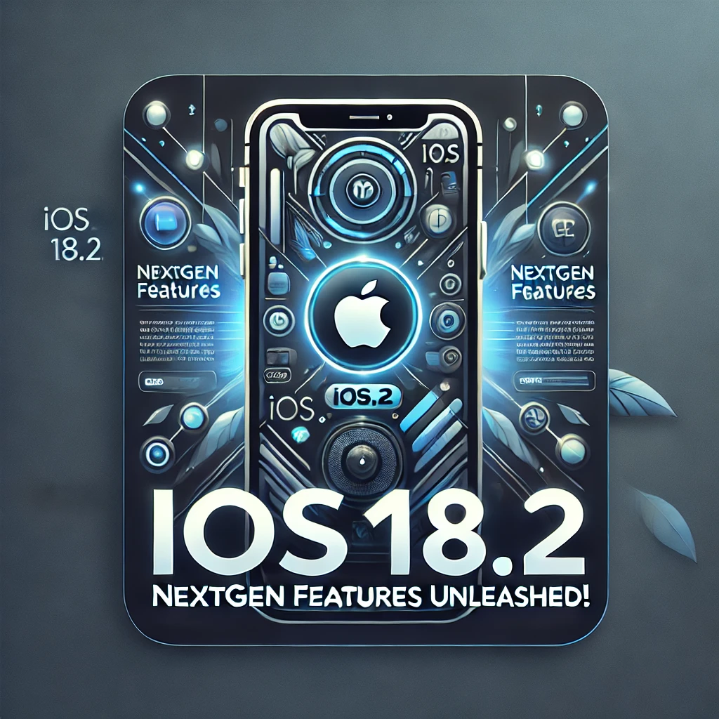 Futuristic thumbnail showcasing iOS 18.2 features on a sleek NextGen iPhone with glowing AI icons, modern typography, and a gradient blue-silver background.