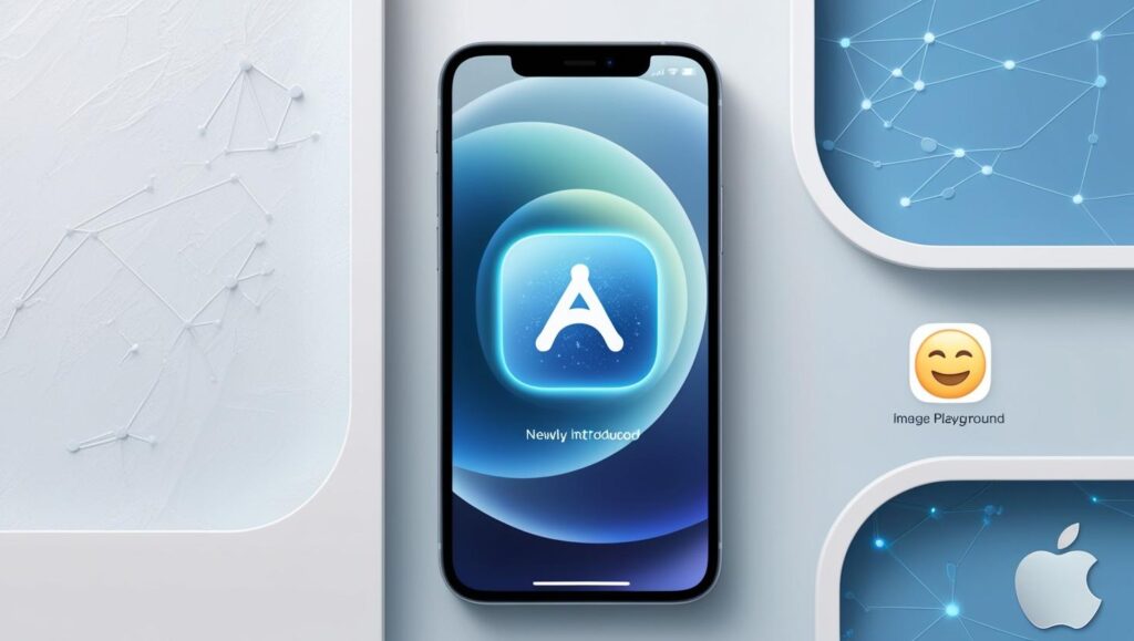 A futuristic iPhone home screen featuring a glowing new app icon, with a sleek blue and white background showcasing AI-inspired elements like interconnected nodes and innovative tools.