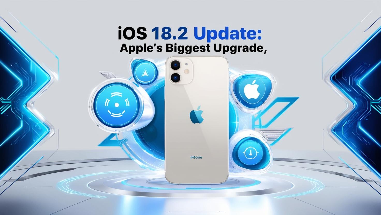 Thumbnail showcasing the iOS 18.2 update with a glowing iPhone and futuristic app icons in a tech-inspired design.