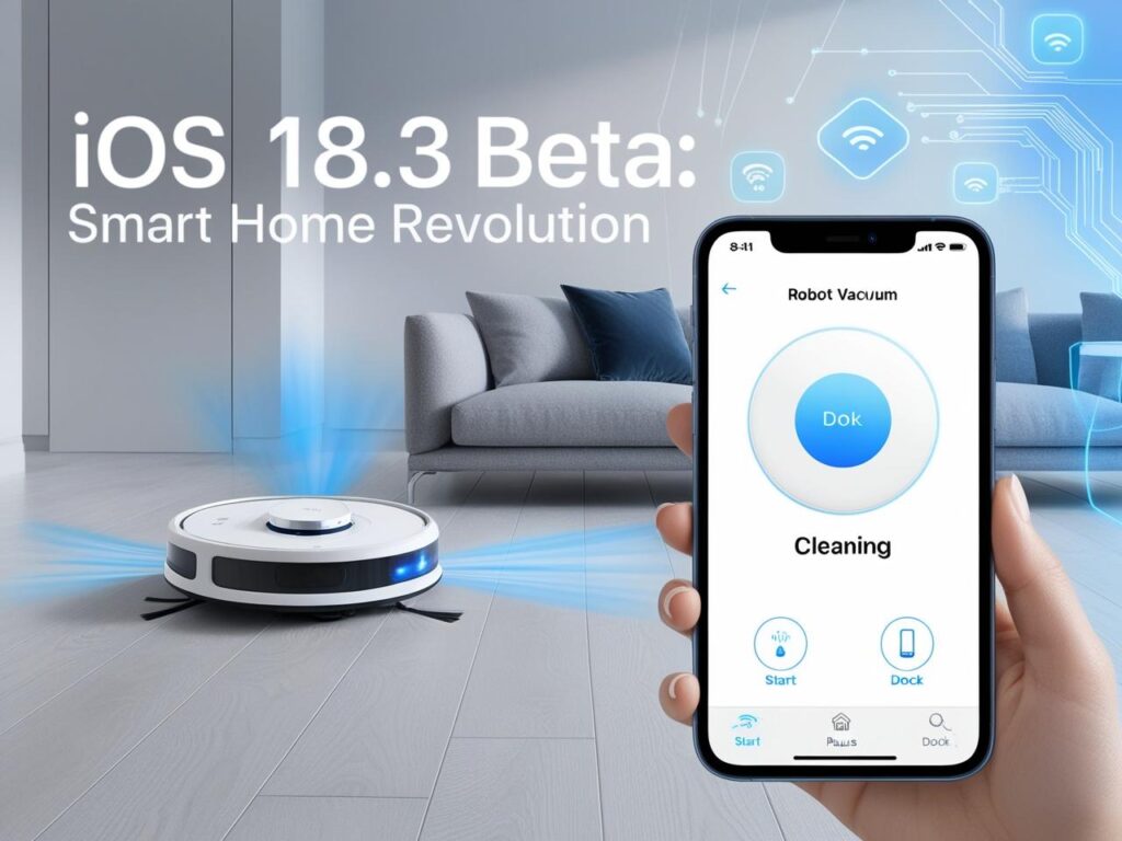 iPhone showing iOS 18.3 Beta update with robot vacuum control via HomeKit, showcasing smart home features in Nextgen iPhone.