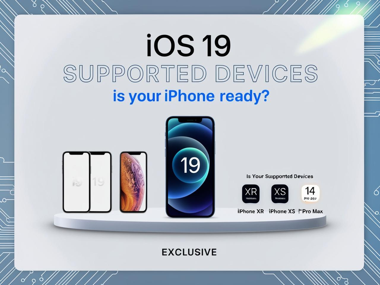 Thumbnail featuring an iPhone with glowing text 'iOS 19 Supported Devices,' showcasing iPhone XR, XS, and 14 Pro Max compatibility, with a futuristic blue and white background.