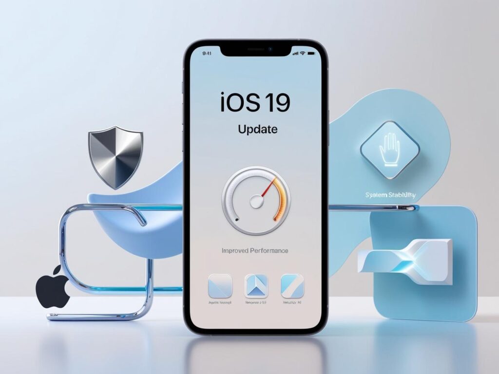 Illustration of the iOS 19 update on an iPhone screen showcasing new features like privacy enhancements, performance upgrades, and modern UI design.