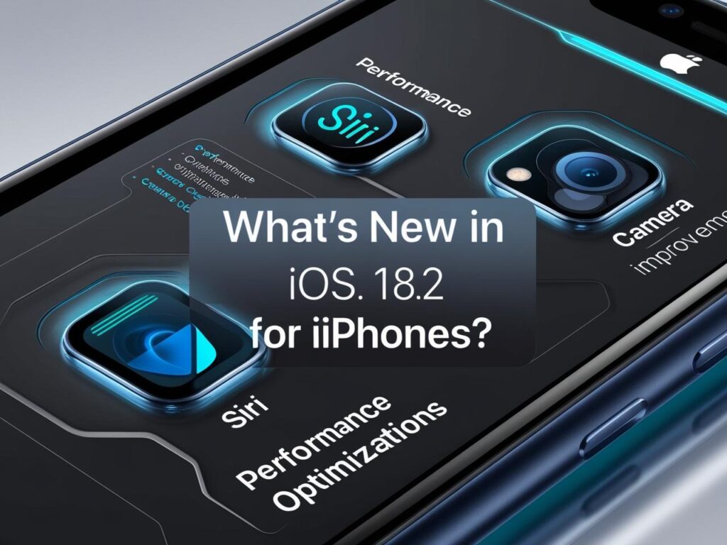 iPhone screen showcasing the iOS 18.2 update with icons for Siri, performance improvements, and camera enhancements