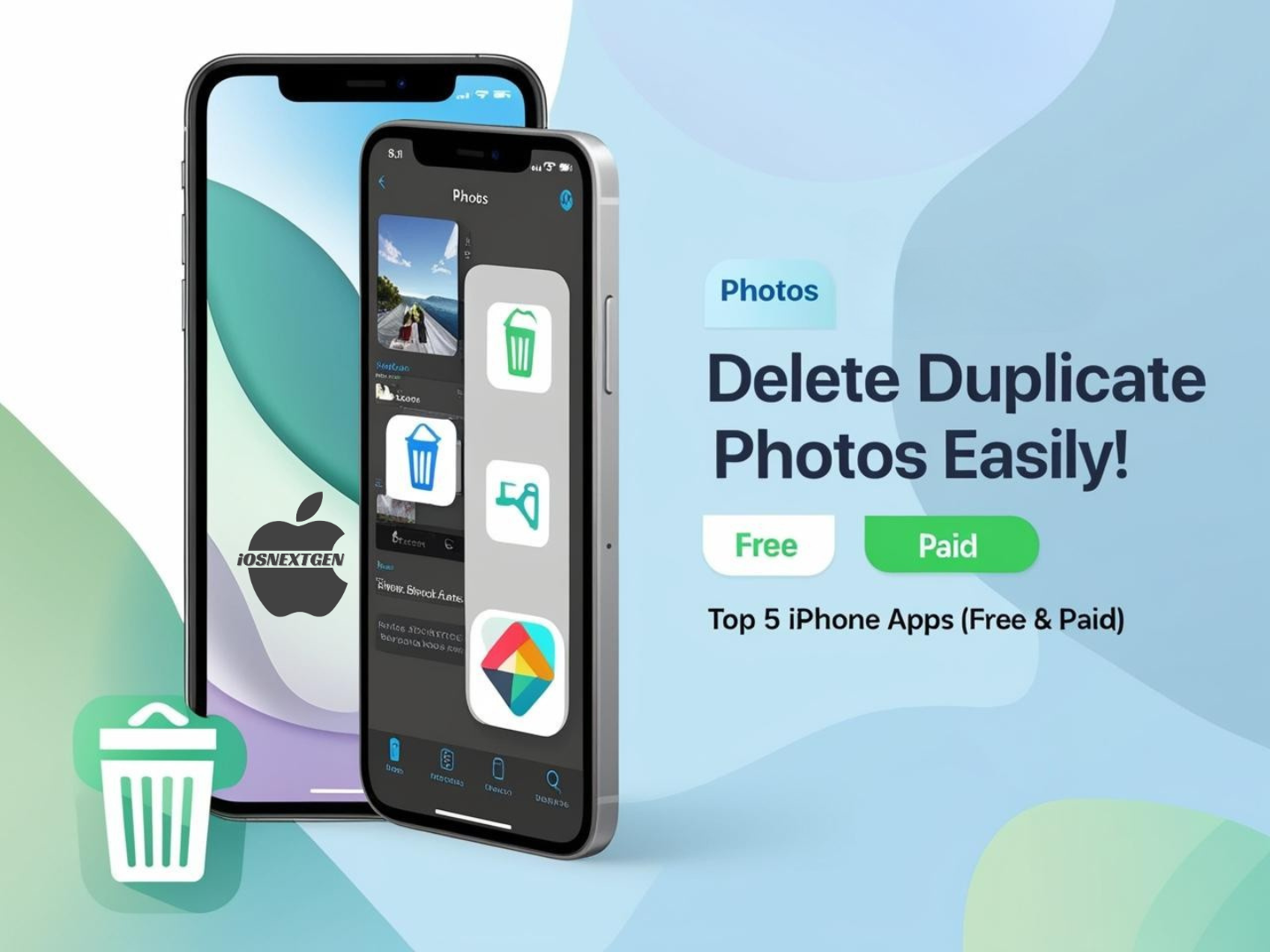 Thumbnail showing top apps to delete duplicate photos on iPhone with free and paid options.