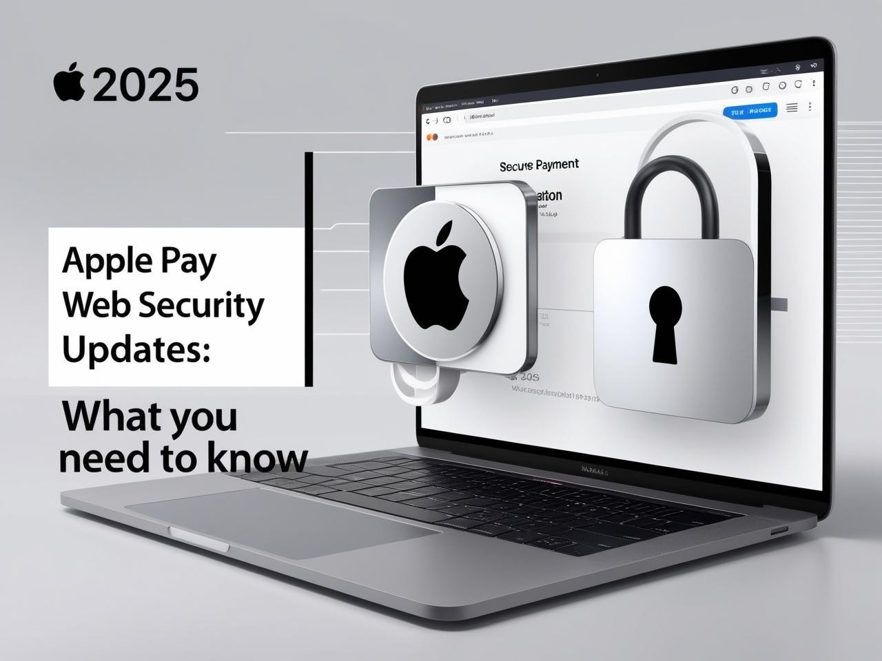 Apple Pay logo with a digital padlock symbol representing enhanced web security for 2025, featuring secure payment screen on laptop.