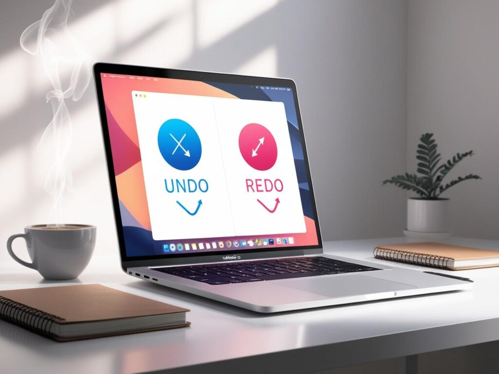 MacBook screen displaying undo and redo commands with professional workspace setup, highlighting how to redo on Mac.