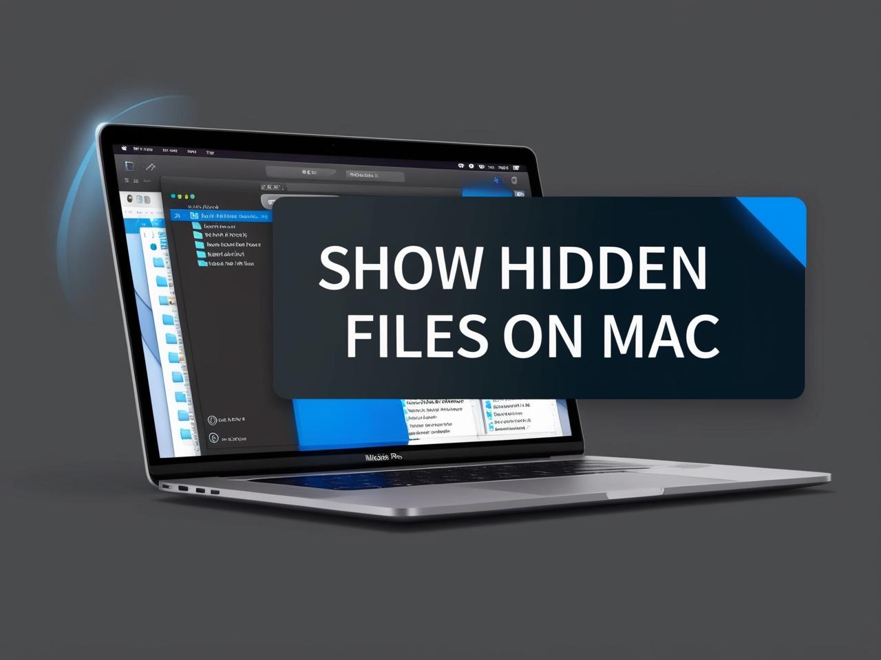 MacBook screen showing Finder window with hidden files visible and text overlay: 'Show Hidden Files on Mac