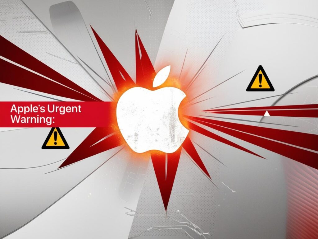 Distressed Apple logo on a white and silver background with bold red warning symbols, symbolizing urgent tech alert.