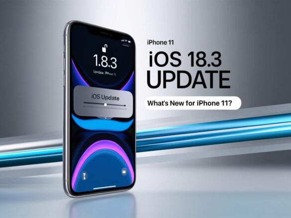 Professional thumbnail showcasing an iPhone 11 with the iOS 18.3 update progress bar on the screen. The background features a futuristic Apple-themed gradient, highlighting new features and performance improvements.
